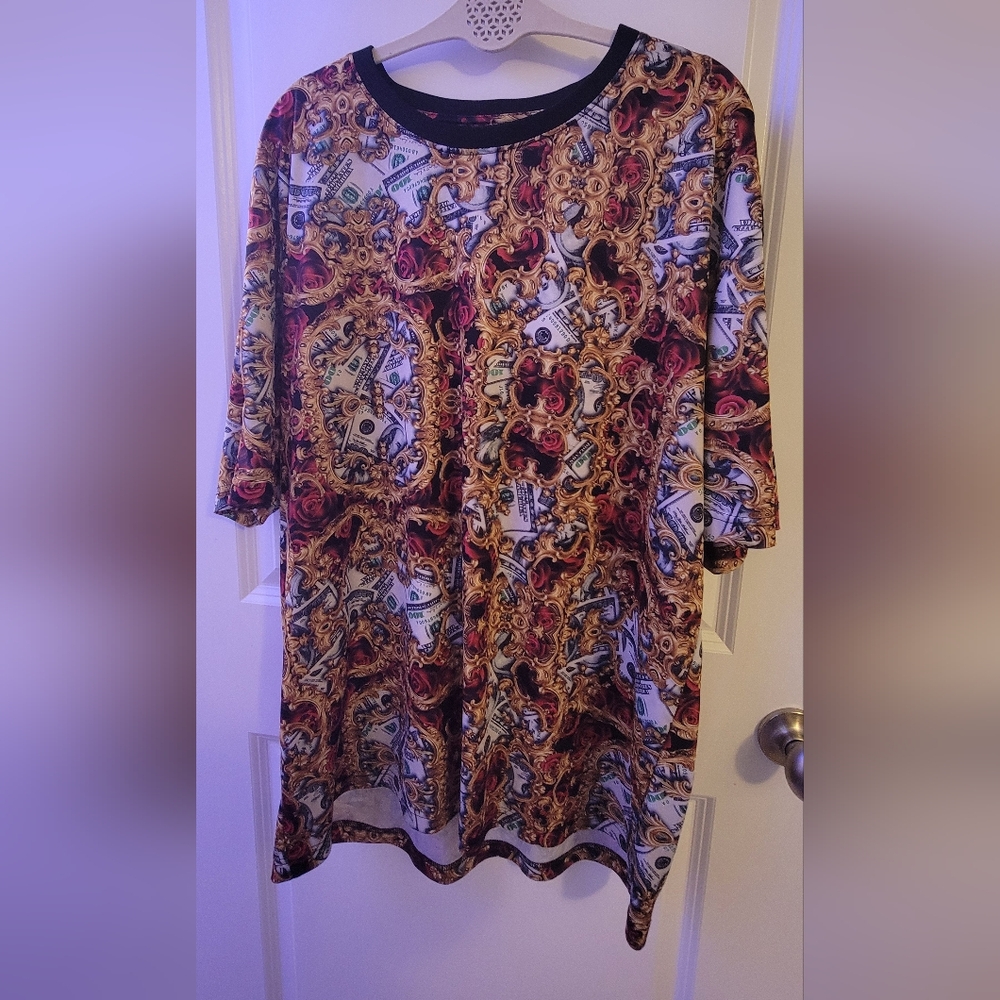 Graphic Active T Shirt With Rose, Money, And Gold Vintage Pattern Size XXL